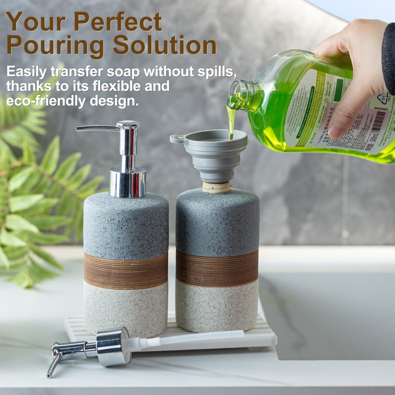 Cormomu Ceramic Soap Dispenser Set(2 Pack) â€“ Hand Soap, Dish Soap, Shampoo & Shower Soap Dispenser for Bathroom & Kitchen, Stainless Steel Pump, Includes Silicone Funnel & Diatomaceous Tray, Gray - Image 2