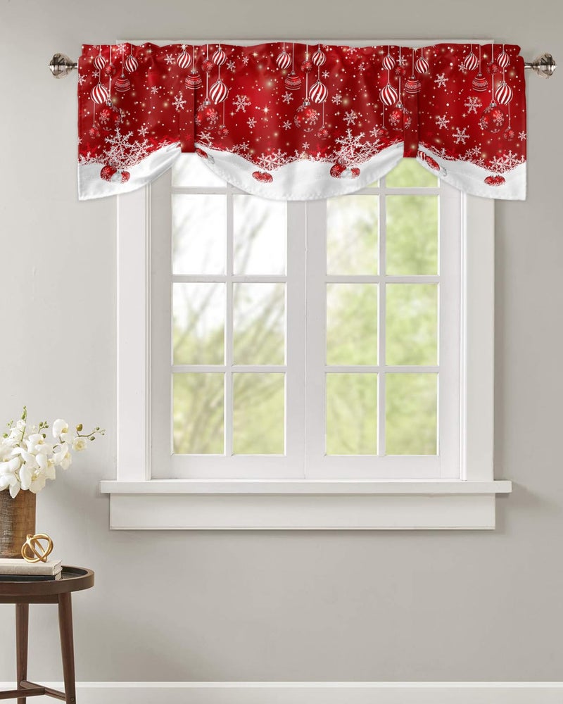 CosyBright Christmas Tie Up Valance Curtain Winter Snowflake Sparkle Snow Red Valances for Windows Adjustable Red Christmas Balls Window Treatments for Living Room Xmas Small Cafe Curtain 54x18in - Image 2