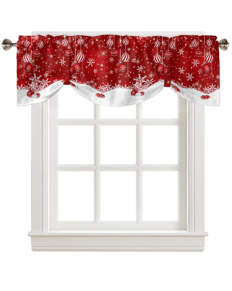 CosyBright Christmas Tie Up Valance Curtain Winter Snowflake Sparkle Snow Red Valances for Windows Adjustable Red Christmas Balls Window Treatments for Living Room Xmas Small Cafe Curtain 54x18in - Image 1