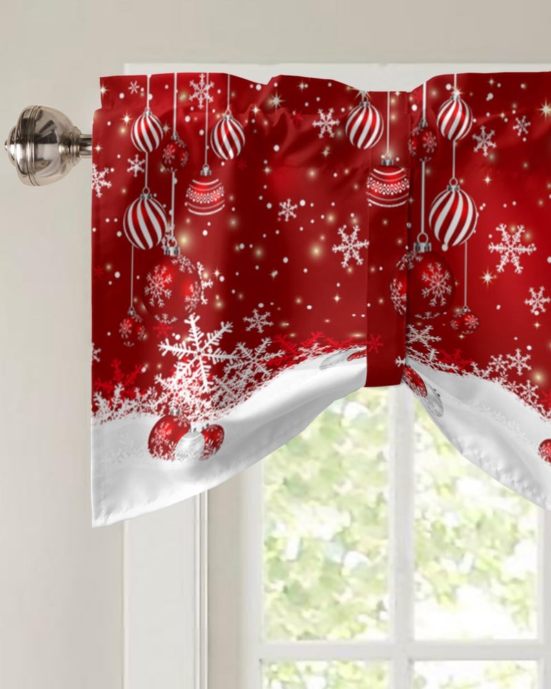 CosyBright Christmas Tie Up Valance Curtain Winter Snowflake Sparkle Snow Red Valances for Windows Adjustable Red Christmas Balls Window Treatments for Living Room Xmas Small Cafe Curtain 54x18in - Image 3