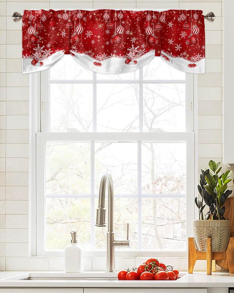 CosyBright Christmas Tie Up Valance Curtain Winter Snowflake Sparkle Snow Red Valances for Windows Adjustable Red Christmas Balls Window Treatments for Living Room Xmas Small Cafe Curtain 54x18in - Image 4