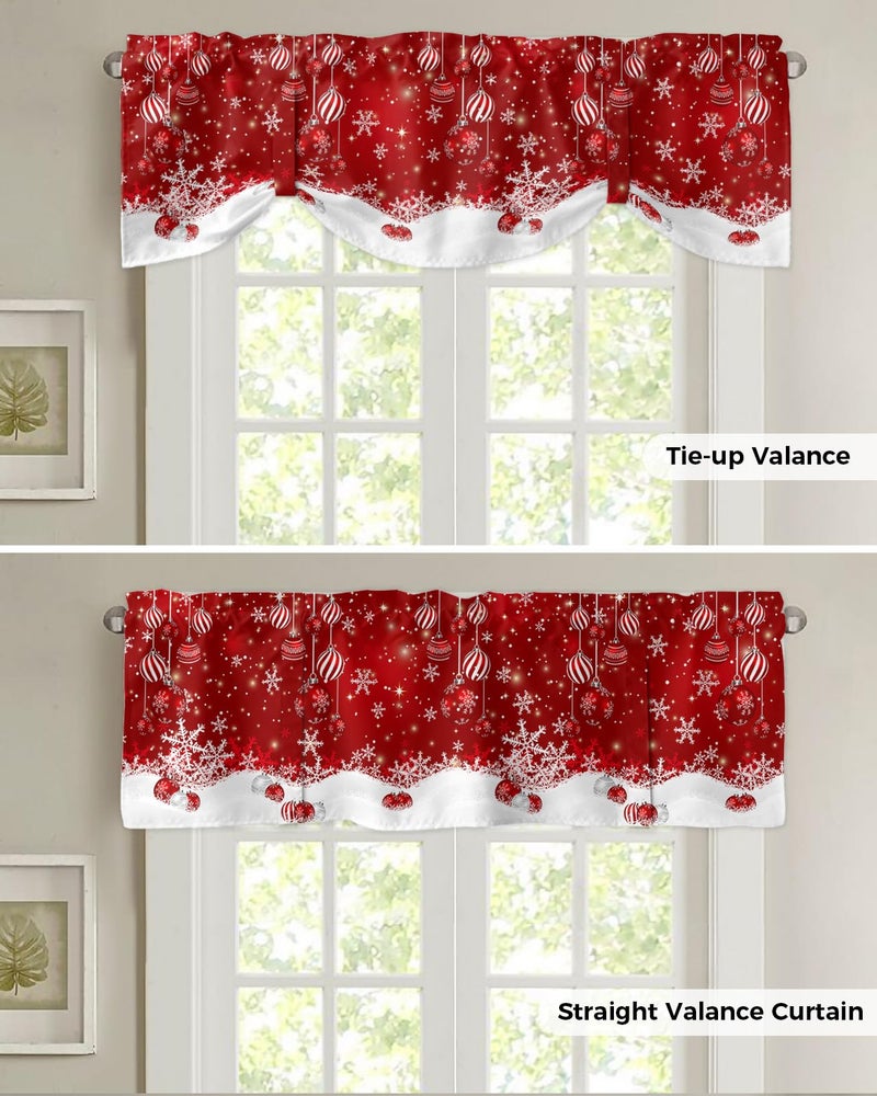 CosyBright Christmas Tie Up Valance Curtain Winter Snowflake Sparkle Snow Red Valances for Windows Adjustable Red Christmas Balls Window Treatments for Living Room Xmas Small Cafe Curtain 54x18in - Image 5