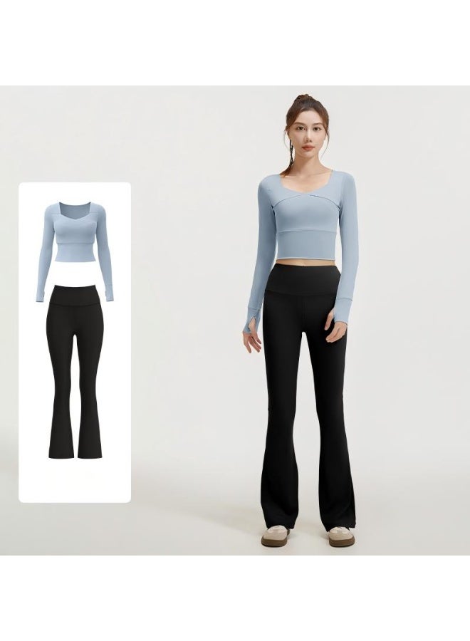 Women 2 Piece Workout Set - Built-in Bra Long Sleeve Crop Top with Thumb Holes & High Waisted Flare Leggings Tummy Control Slimming Tracksuit - Image 1