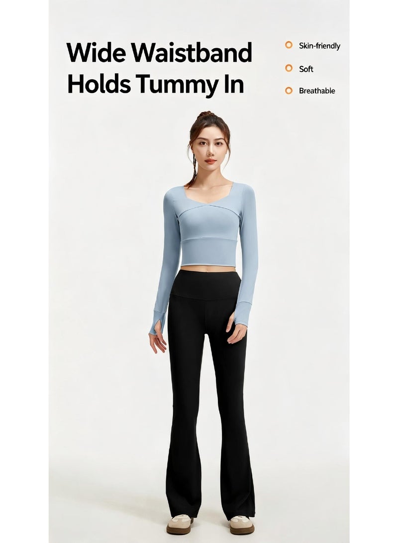 Women 2 Piece Workout Set - Built-in Bra Long Sleeve Crop Top with Thumb Holes & High Waisted Flare Leggings Tummy Control Slimming Tracksuit - Image 2