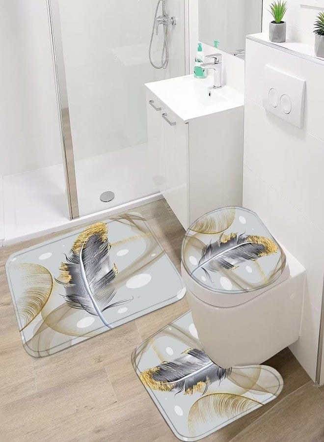 DDQQ 4Pcs Abstract Bubble and Feathers Shower Curtain Set Gray and Golden Bathroom Sets Shower Curtain with 12 Hooks Bathroom Decor with Rugs Bath Accessories with Mats Toilet Lid Cover - Image 3