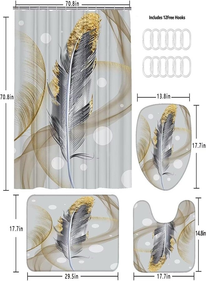 DDQQ 4Pcs Abstract Bubble and Feathers Shower Curtain Set Gray and Golden Bathroom Sets Shower Curtain with 12 Hooks Bathroom Decor with Rugs Bath Accessories with Mats Toilet Lid Cover - Image 4