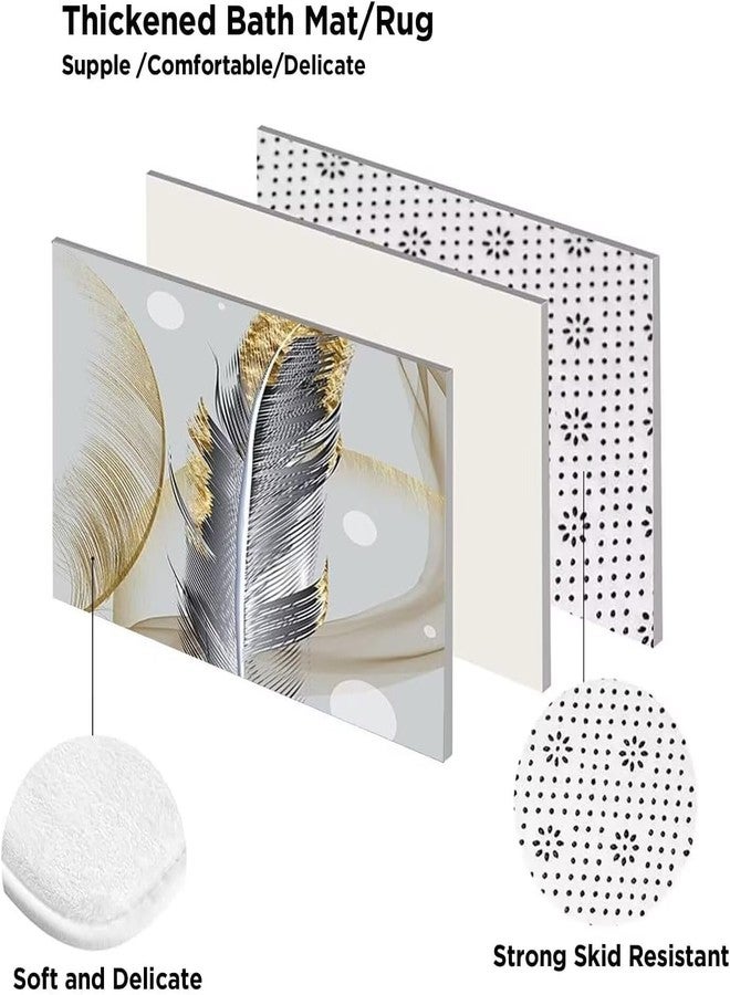 DDQQ 4Pcs Abstract Bubble and Feathers Shower Curtain Set Gray and Golden Bathroom Sets Shower Curtain with 12 Hooks Bathroom Decor with Rugs Bath Accessories with Mats Toilet Lid Cover - Image 2