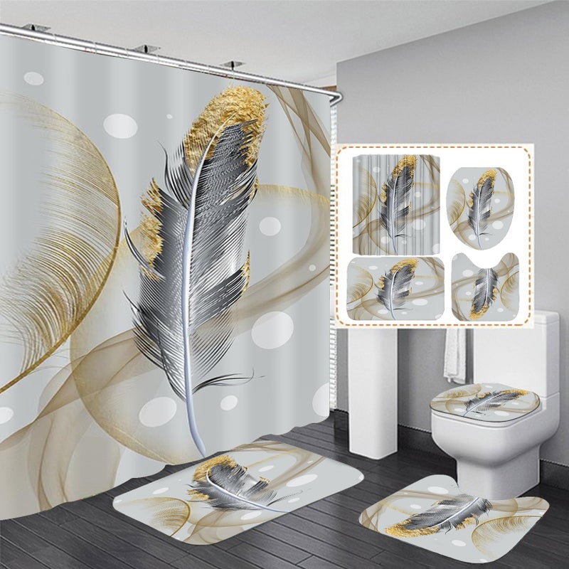 DDQQ 4Pcs Abstract Bubble and Feathers Shower Curtain Set Gray and Golden Bathroom Sets Shower Curtain with 12 Hooks Bathroom Decor with Rugs Bath Accessories with Mats Toilet Lid Cover - Image 1