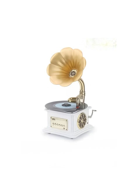 Record Player Retro, Mini Vintage Retro Classic Gramophone With Built In Bluetooth, Durable Phonograph Shape Stereo Speaker, Sound Music Box Desktop Ornament For Home Office Clubs Bars, (White)