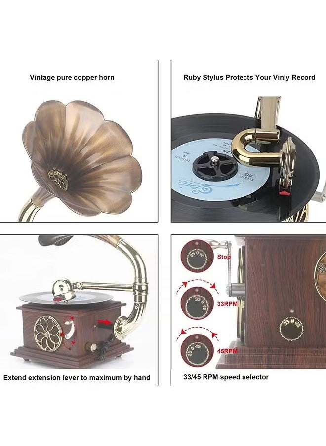 Record Player Retro, Mini Vintage Retro Classic Gramophone With Built In Bluetooth, Durable Phonograph Shape Stereo Speaker, Sound Music Box Desktop Ornament For Home Office Clubs Bars, (White)