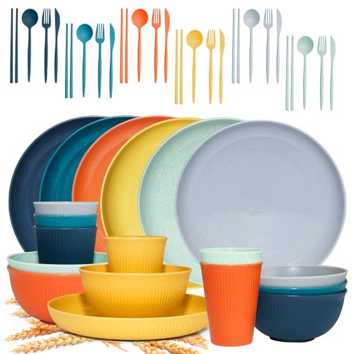 SHECIPIN 42Pcs Wheat Straw Dinnerware Sets, Unbreakable Plates and Bowls Sets, Eco Friendly Non Breakable Dinnerware, Dishwasher Microwave Safe Dinnerware - Image 1