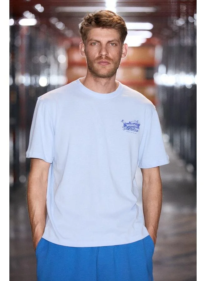 GRIMELANGE ROOMY Men's 100% Organic Cotton Round Neck Printed Detailed Comfort Fit Blue T-Shirt.