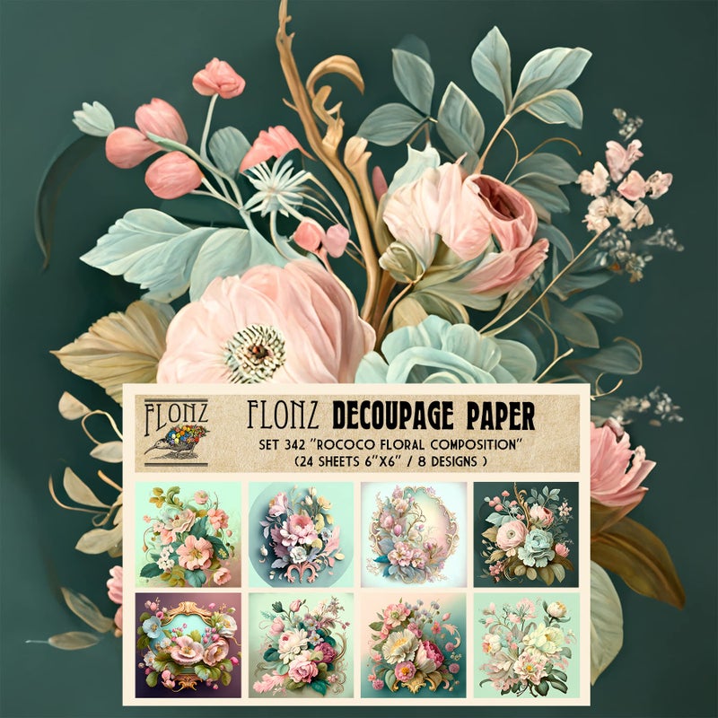 Decoupage Paper Pack 24 Sheets 6x6 Rococo Floral Composition Vintage Styled Pattern Paper for Decoupage Craft and Scrapbooking