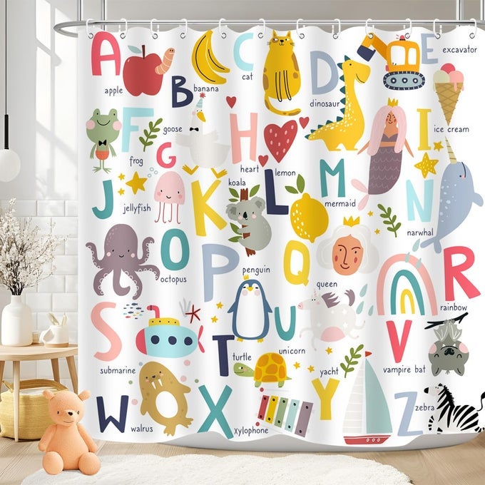 KIDS ABC SHOWER CURTAIN ALPHABET EDUCATIONAL LEARNING TOOL BABY CARTOON ANIMALS GIRLS BOYS COLORFUL BATH CURTAIN DECOR WATERPROOF FABRIC 72LX72W INCH WITH HOOKS