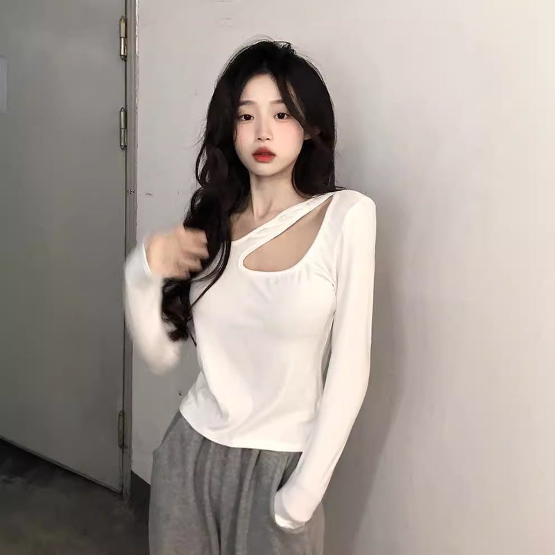 Cross-border Pure CoTTon Sexy Off-shoulder Long-sleeved T-shirT for Women in Spring and AuTum Design wiTh DiscreeT CuT OuT Inner ShorT Top Black