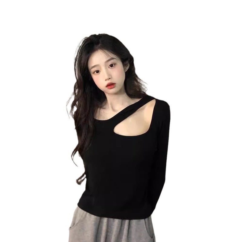 Cross-border Pure CoTTon Sexy Off-shoulder Long-sleeved T-shirT for Women in Spring and AuTum Design wiTh DiscreeT CuT OuT Inner ShorT Top Black