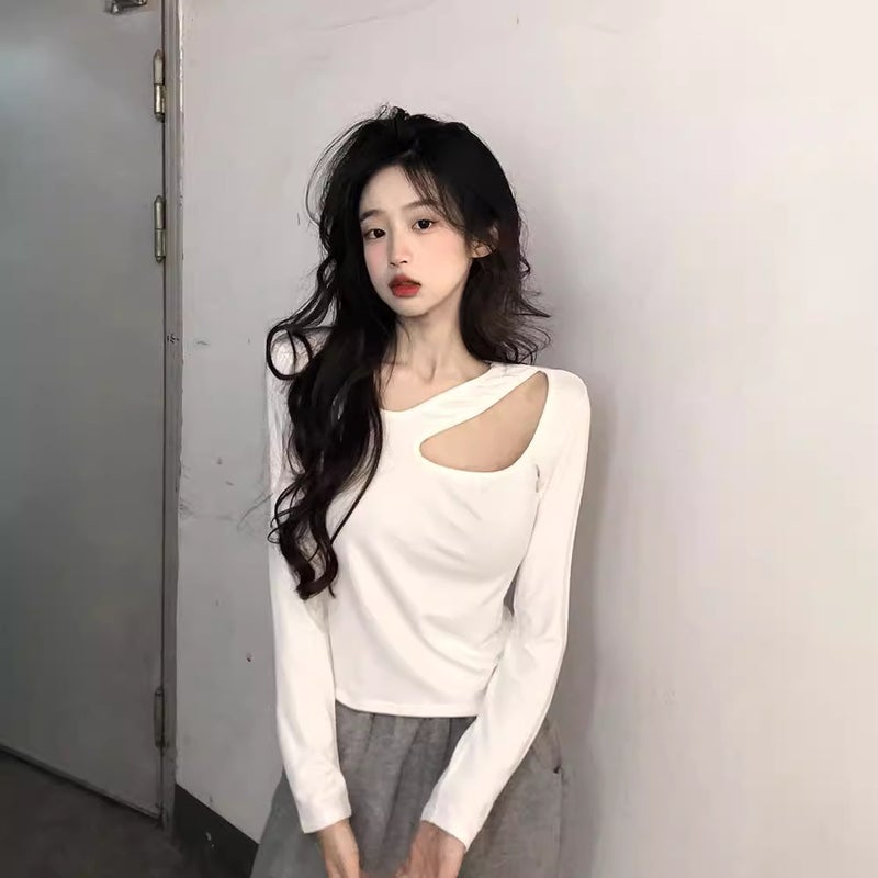 Cross-border Pure CoTTon Sexy Off-shoulder Long-sleeved T-shirT for Women in Spring and AuTum Design wiTh DiscreeT CuT OuT Inner ShorT Top Black