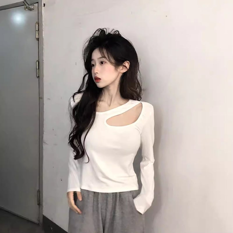 Cross-border Pure CoTTon Sexy Off-shoulder Long-sleeved T-shirT for Women in Spring and AuTum Design wiTh DiscreeT CuT OuT Inner ShorT Top Black