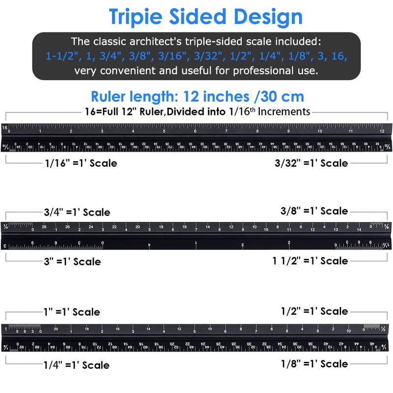 Soraco 12" Aluminum Triangular Architect Scale Ruler â€“ Laser-Etched Imperial Measurements â€“ Durable Black Anodized Finish â€“ Ideal for Architects, Engineers, Draftsmen, and Students(Black) - Image 2