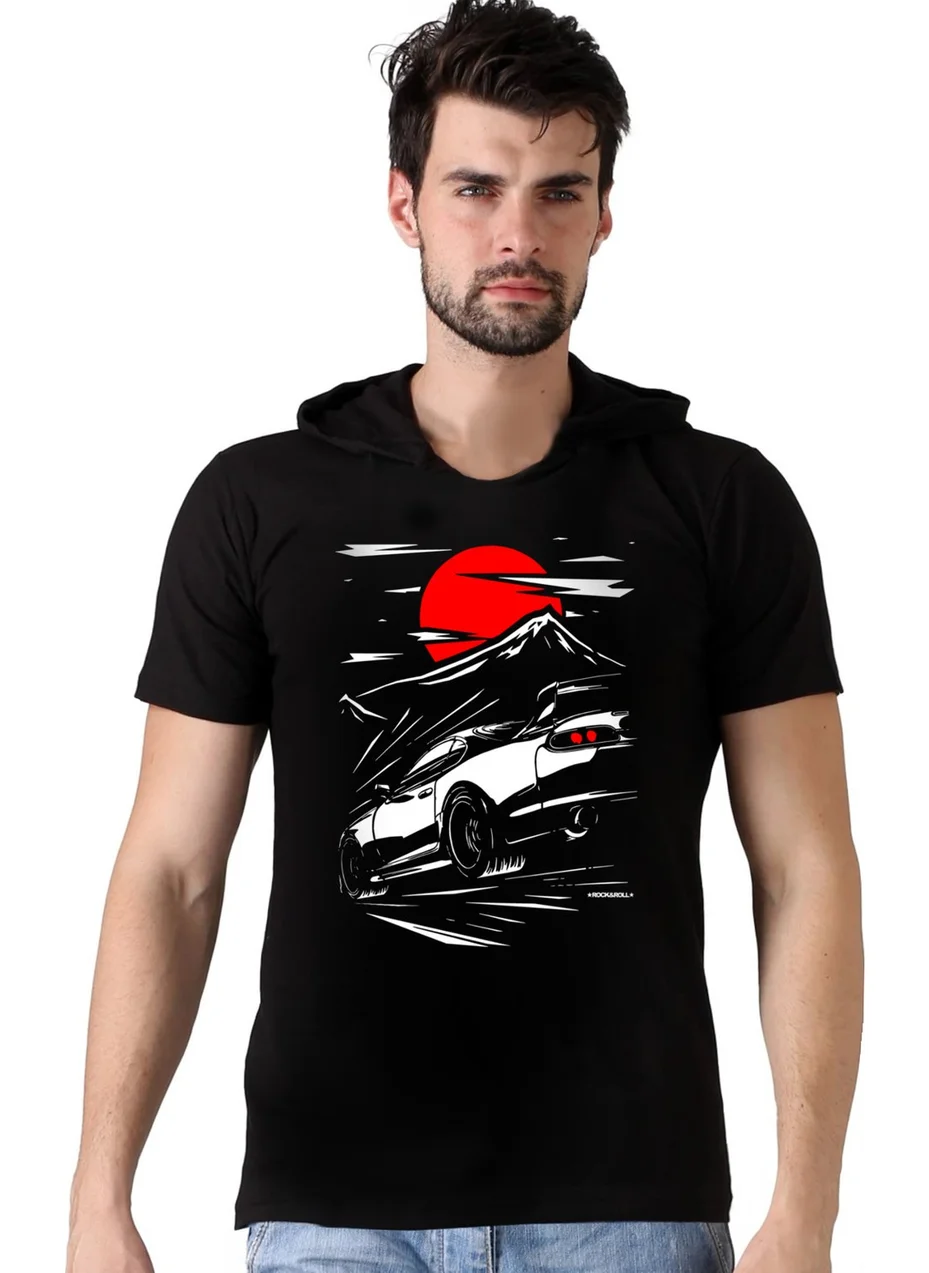 Rock&Roll Tokyo Drift Black Hooded Short Sleeve Men's T-Shirt