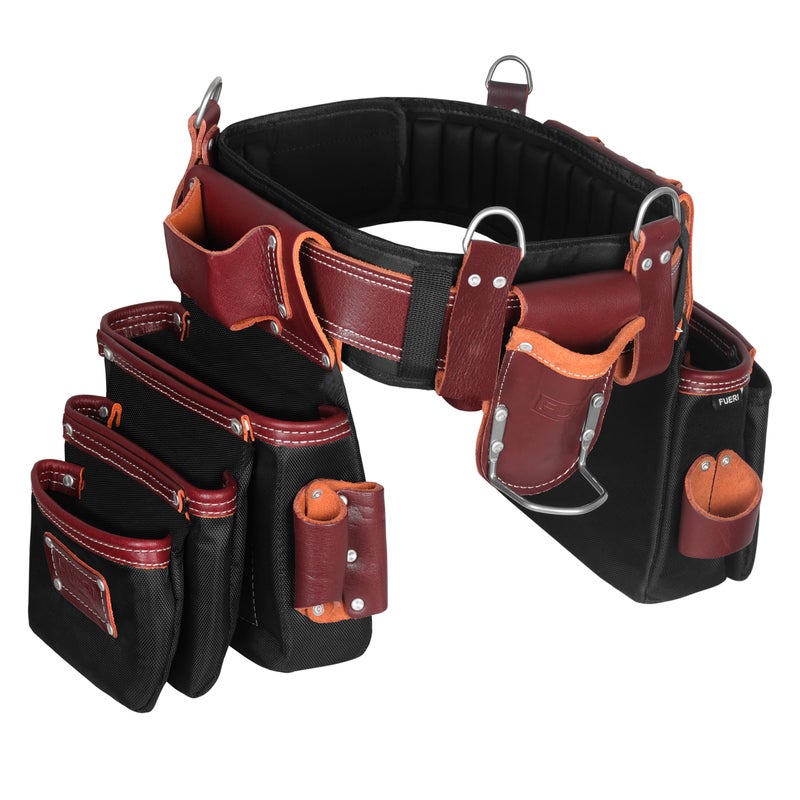 FUERI Electrician's Heavy Duty 26 Pocket Leather-Nylon Tool Belt & Bag Combo for Men, Comfort Back Support Padded Belt, 2 Large Storage Capacity Pouches, Best for Framers, Carpenter, Roofing - Image 1