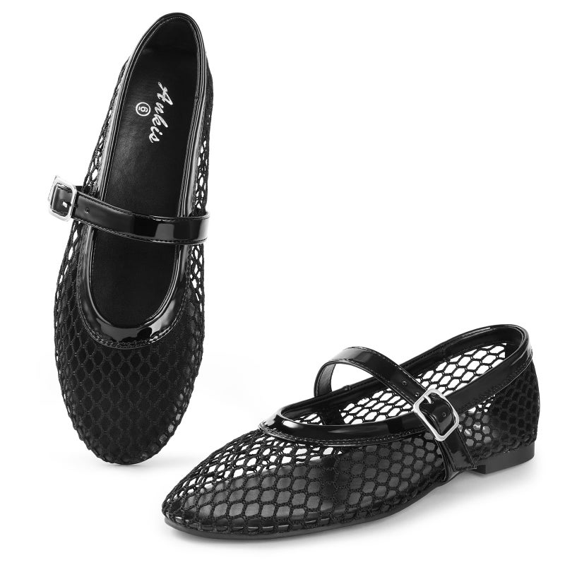 Ankis Mesh Flats Sandals for Women, Black Mesh Ballet Womens Flat Sandals Comfortable Mary Jane Fishnet Flat Shoes for 2025 Dressy Summer - Image 1