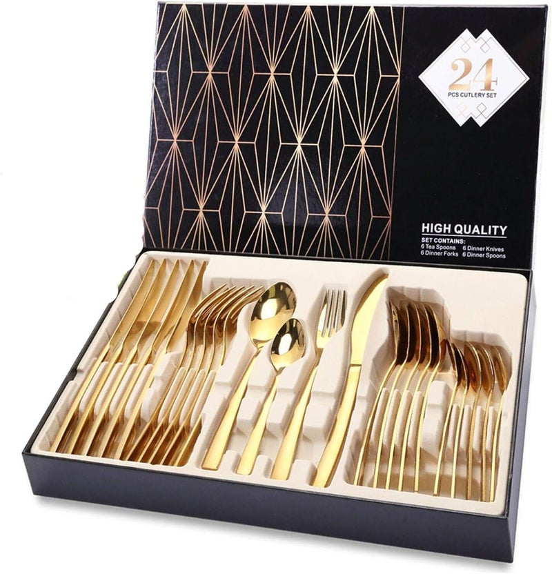 UREVO 24-Pieces Silverware Flatware cutlery Set with Gift Box Stainless Steel Utensils set for 6 includes Forks Spoons Knives (GOLD) - Image 1