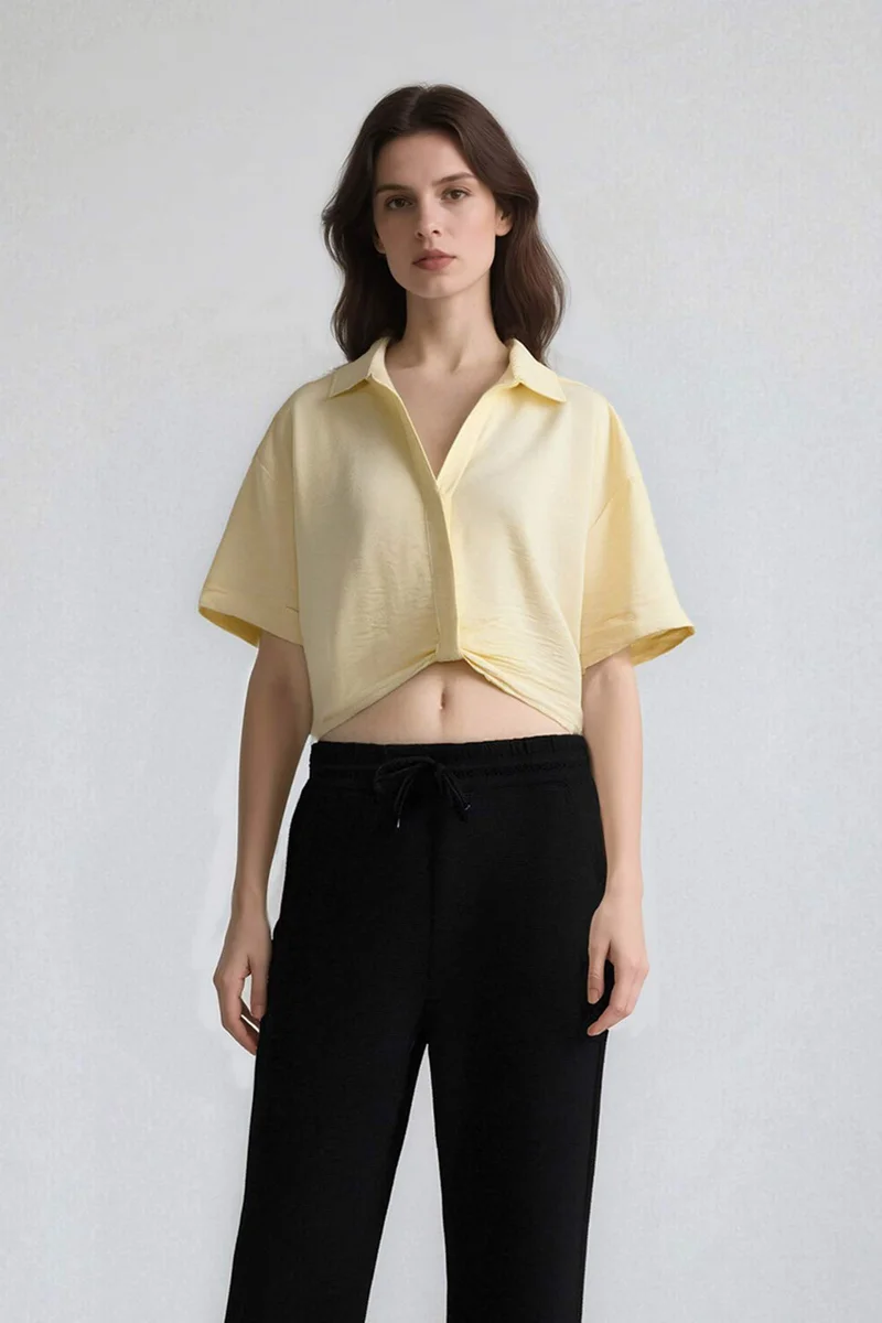 ديفاكتو Cropped Fit Shirt Collar Linen Look Blouse