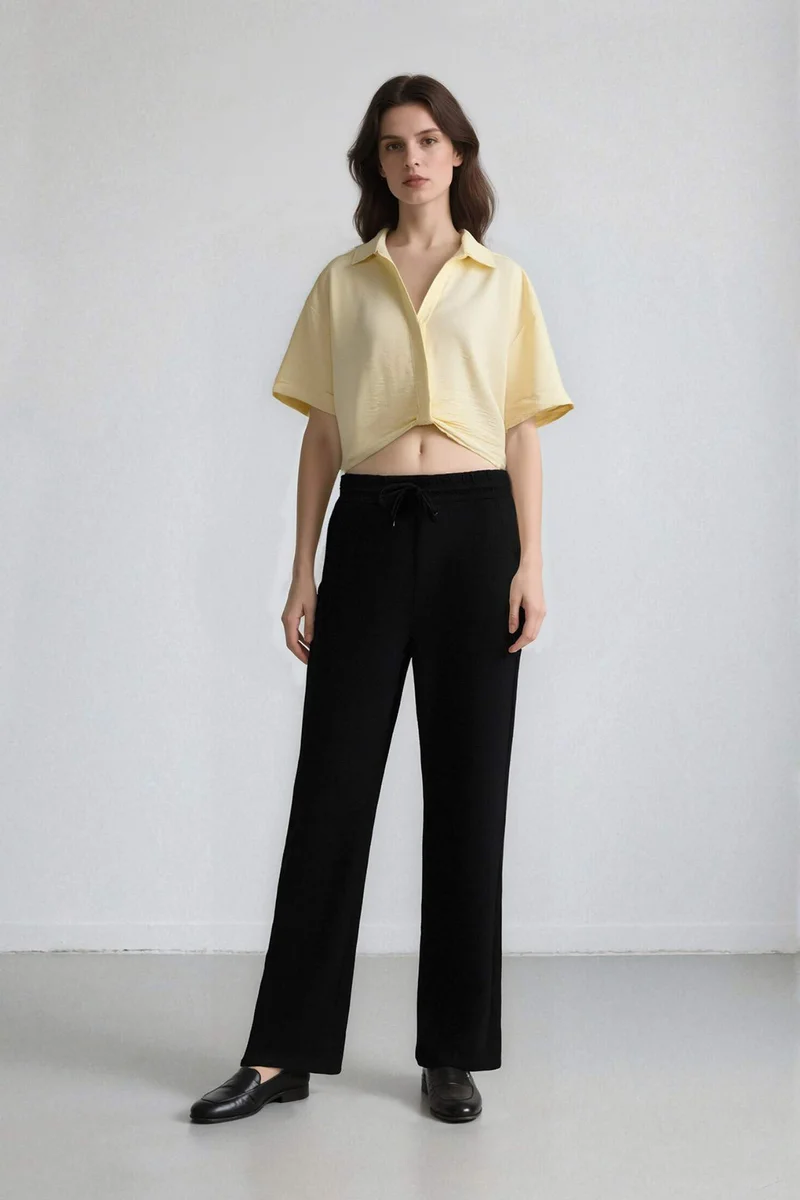 ديفاكتو Cropped Fit Shirt Collar Linen Look Blouse