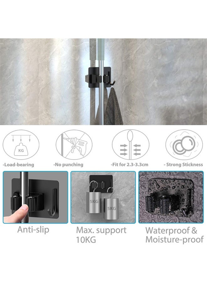 HOMESTAR 4 Pcs Broom Holder No Drill, Mop Broom Organizer Wall Mounted Heavy Duty with Hooks Hanger, Self Adhesive Stainless Steel for Bathroom, Kitchen, Office, Black - Image 2