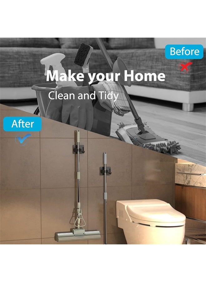 HOMESTAR 4 Pcs Broom Holder No Drill, Mop Broom Organizer Wall Mounted Heavy Duty with Hooks Hanger, Self Adhesive Stainless Steel for Bathroom, Kitchen, Office, Black - Image 3