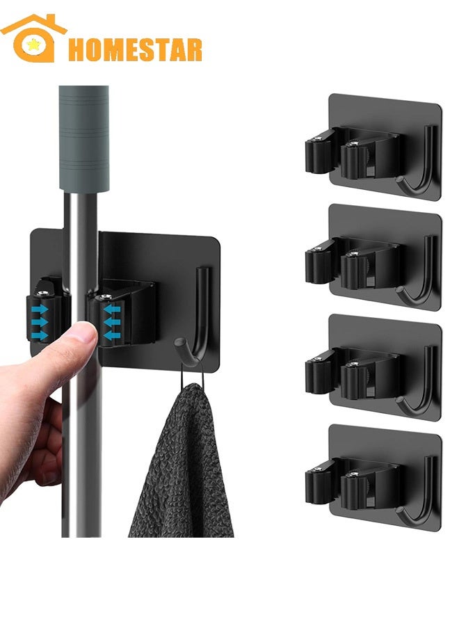 HOMESTAR 4 Pcs Broom Holder No Drill, Mop Broom Organizer Wall Mounted Heavy Duty with Hooks Hanger, Self Adhesive Stainless Steel for Bathroom, Kitchen, Office, Black - Image 1