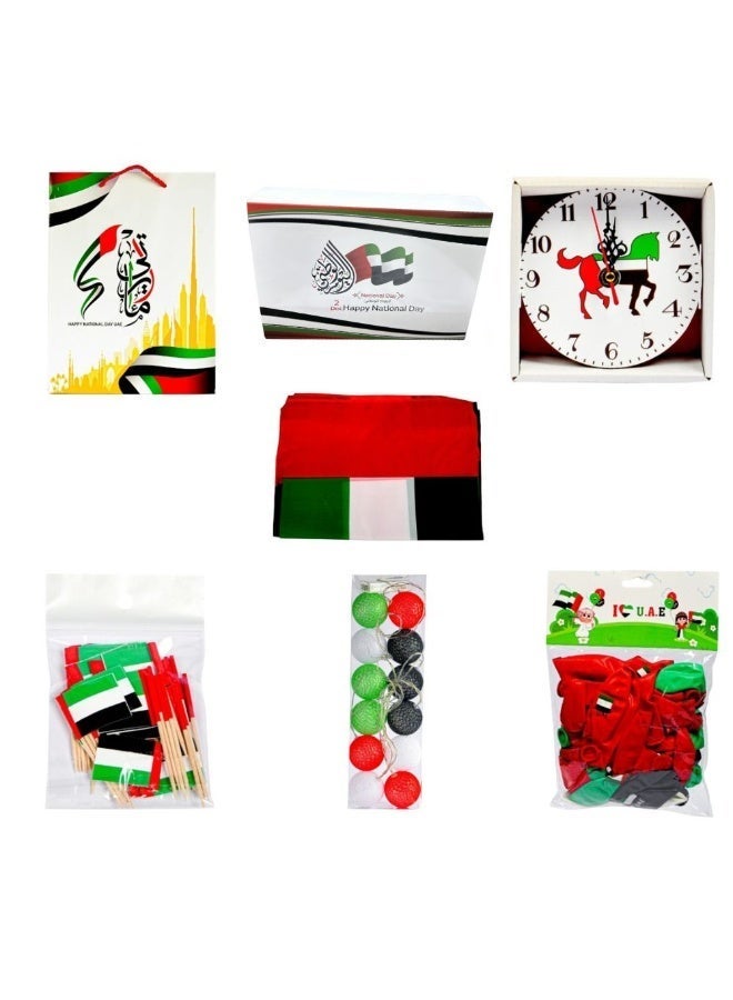 UAE National Day Celebration Combo – Table Clock, Printed Balloon, Flag Toothpicks, 60x90cm Flag, Color Light Box, Gift Bags (6pcs), Chocolate Boxes (2pcs) - Image 1
