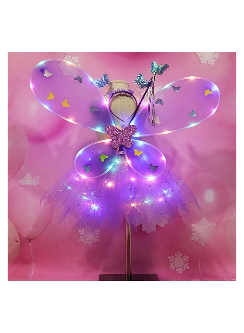 Light Up Fairy Costume Set 4Pcs Includes LED Tutu Skirt Butterfly Fairy Wings Butterfly Wand Headband Wings Butterfly Wings Costume for  Costume Birthday Party Decoration (Purple) - Image 1