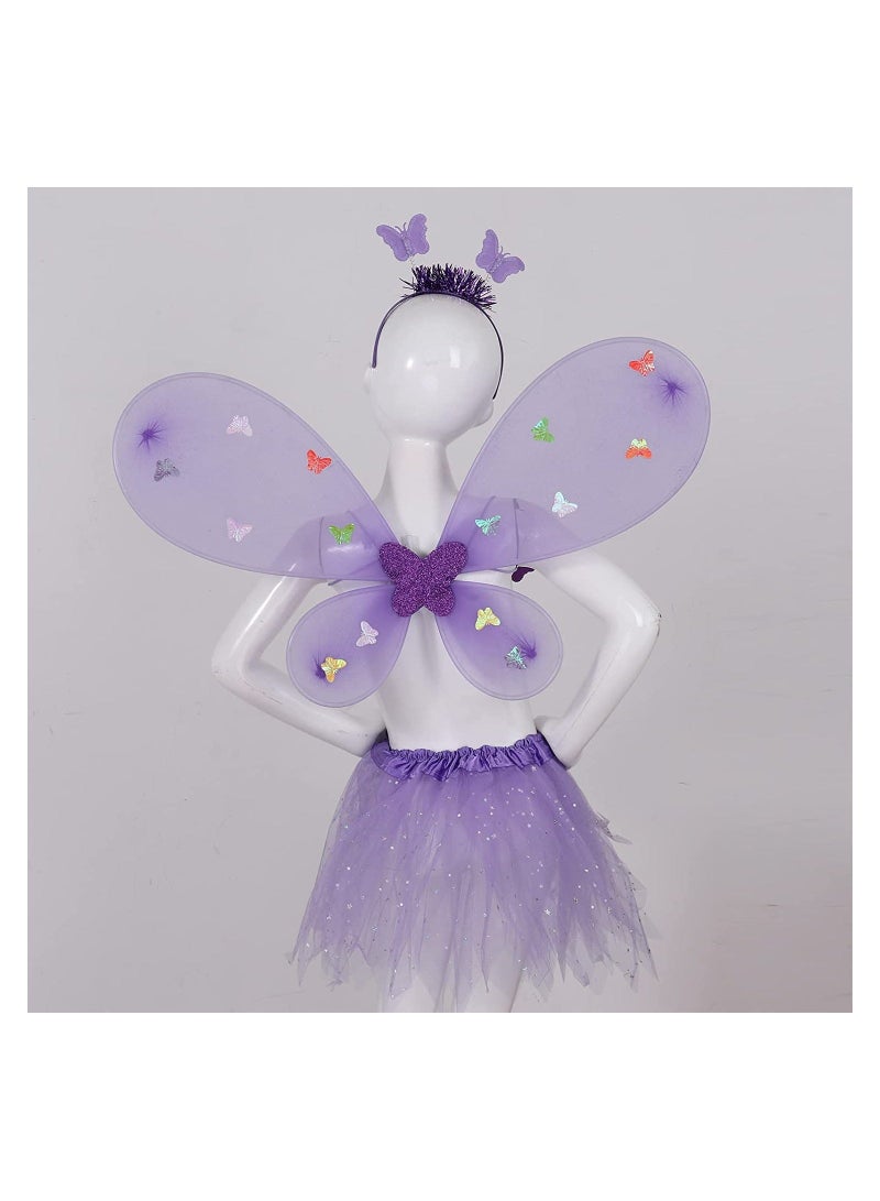 Light Up Fairy Costume Set 4Pcs Includes LED Tutu Skirt Butterfly Fairy Wings Butterfly Wand Headband Wings Butterfly Wings Costume for  Costume Birthday Party Decoration (Purple) - Image 3