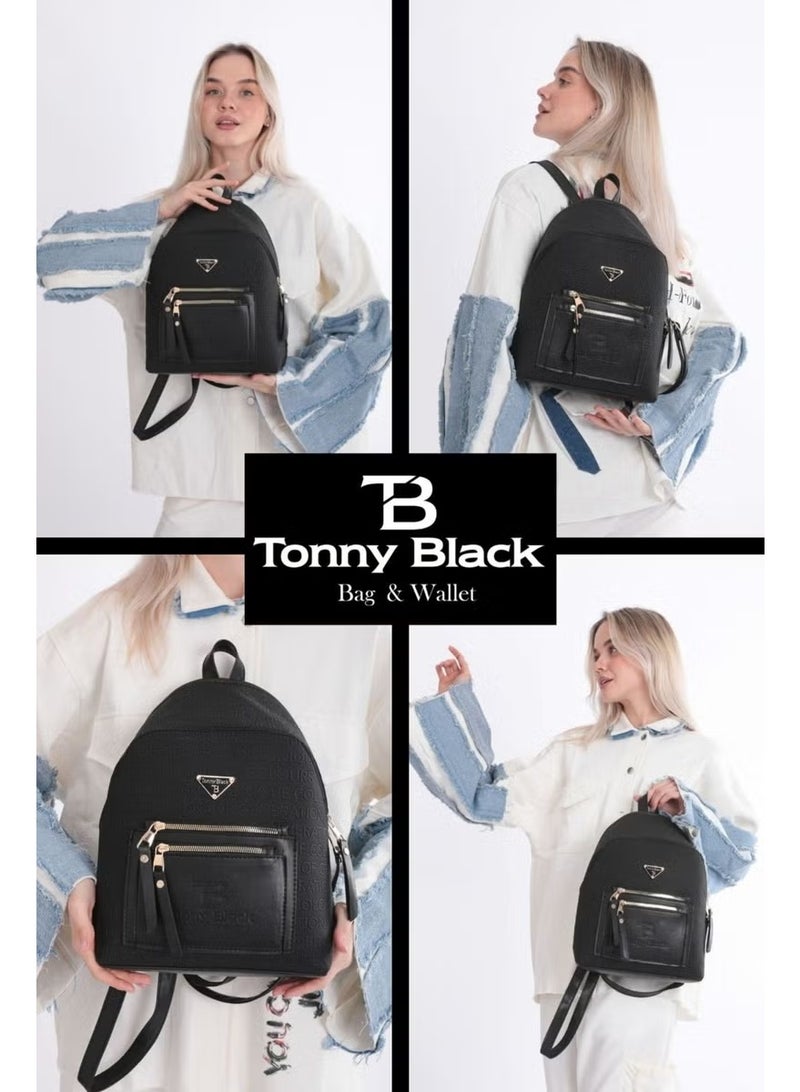 tonny black Women's Adjustable Strap Comfort Model Bag 3 Compartments Stylish Multi-Compartment Back and Shoulder Bag Black - Image 1