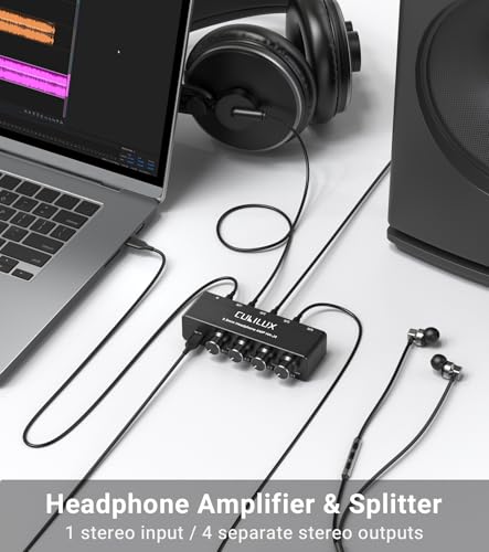 Cubilux 4-Way 3.5mm Headphone Amplifier with Independent Volume Control, 16-300 Ohm, Aluminum Case Stereo Audio Splitter Box for Headphone, Speaker, and Laptop-5V DC Power Supply - Image 2