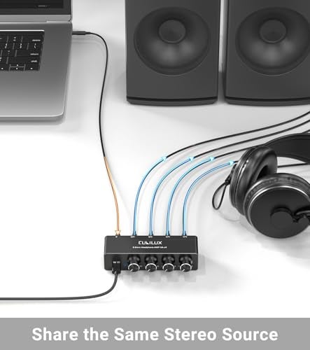 Cubilux 4-Way 3.5mm Headphone Amplifier with Independent Volume Control, 16-300 Ohm, Aluminum Case Stereo Audio Splitter Box for Headphone, Speaker, and Laptop-5V DC Power Supply - Image 3