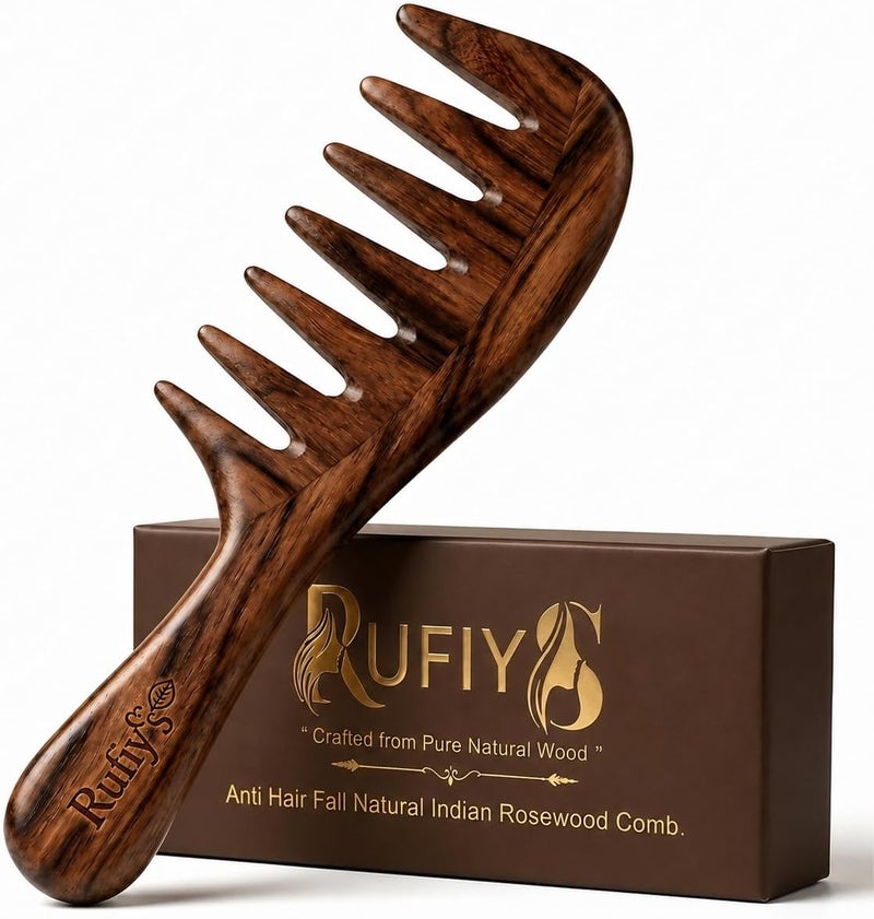 Rufiys Oil Free Indian Rosewood Wide Tooth Wooden Comb for Hair – Curved Handle, Gentle Detangling & Smooth Wide Teeth | Anti-Static Natural Comb for Hair Growth, Frizz Control & Scalp Care – Men & Women - Image 1