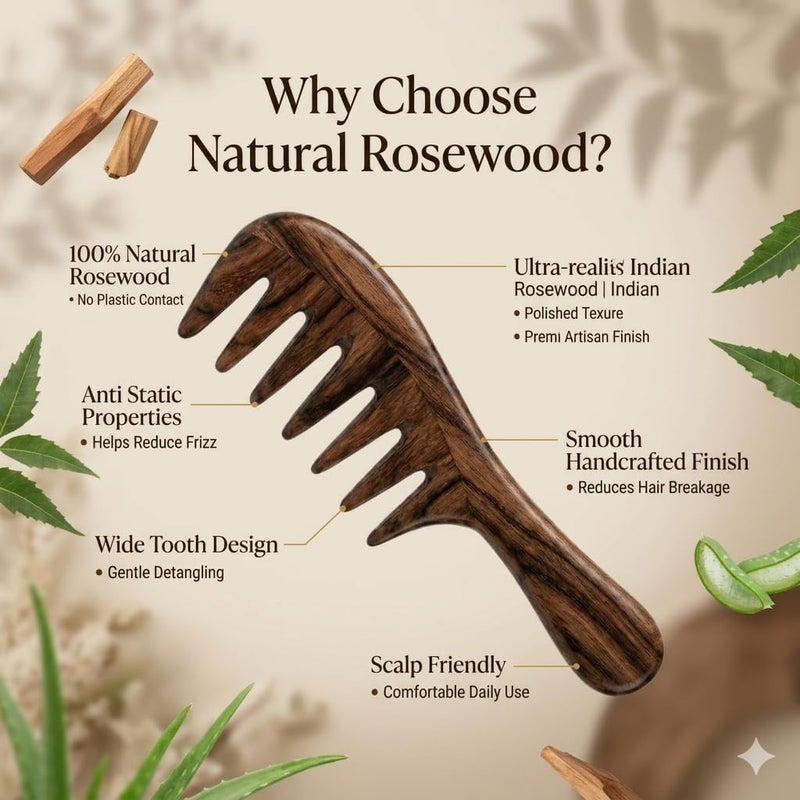 Rufiys Oil Free Indian Rosewood Wide Tooth Wooden Comb for Hair – Curved Handle, Gentle Detangling & Smooth Wide Teeth | Anti-Static Natural Comb for Hair Growth, Frizz Control & Scalp Care – Men & Women - Image 3