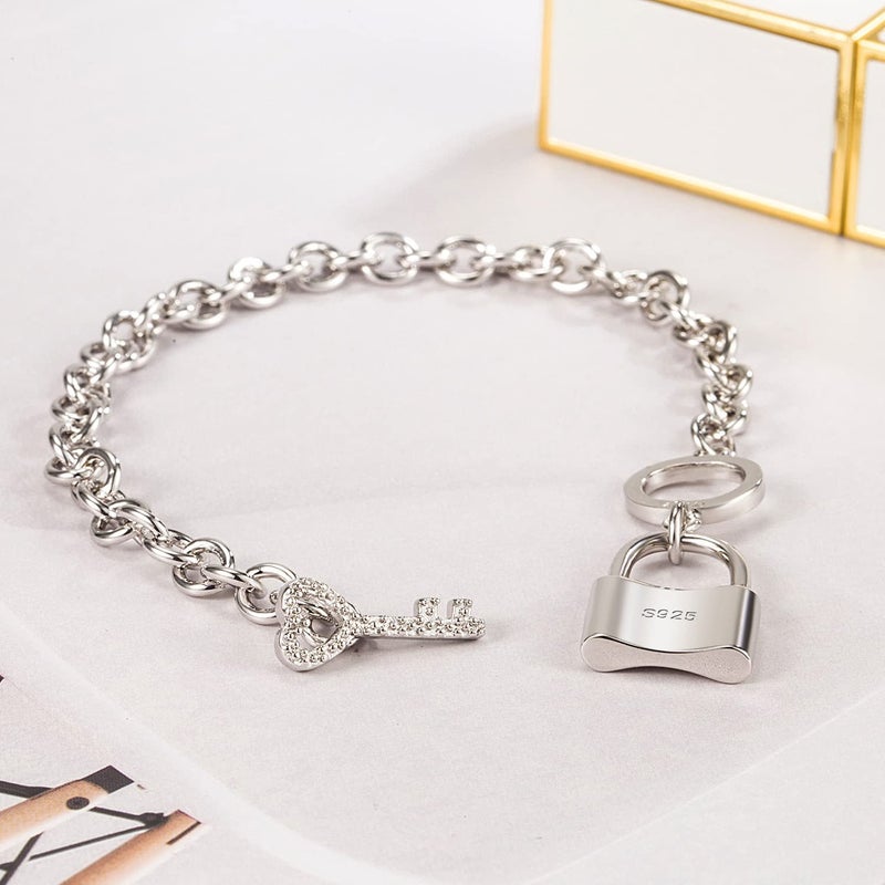 H&Beautimer 925 Sterling Silver Bracelet For Women's - Italian Handmade Rolo Chain 6.3, 6.7, 7.1, 7.5, 8 Inch - AAAAA CZ Zircon Heart/Lock Pendant Bracelet - Fine Jewelry (Lock Pendant, 7 inches) - Image 5