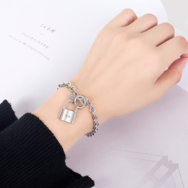 H&Beautimer 925 Sterling Silver Bracelet For Women's - Italian Handmade Rolo Chain 6.3, 6.7, 7.1, 7.5, 8 Inch - AAAAA CZ Zircon Heart/Lock Pendant Bracelet - Fine Jewelry (Lock Pendant, 7 inches) - Image 2