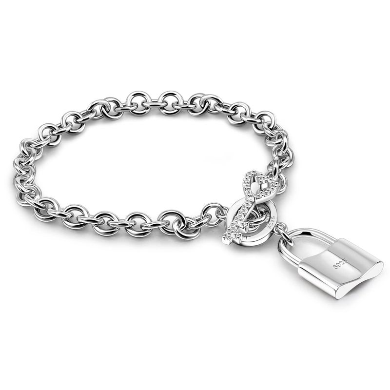 H&Beautimer 925 Sterling Silver Bracelet For Women's - Italian Handmade Rolo Chain 6.3, 6.7, 7.1, 7.5, 8 Inch - AAAAA CZ Zircon Heart/Lock Pendant Bracelet - Fine Jewelry (Lock Pendant, 7 inches) - Image 1