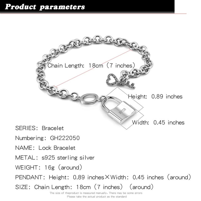 H&Beautimer 925 Sterling Silver Bracelet For Women's - Italian Handmade Rolo Chain 6.3, 6.7, 7.1, 7.5, 8 Inch - AAAAA CZ Zircon Heart/Lock Pendant Bracelet - Fine Jewelry (Lock Pendant, 7 inches) - Image 3