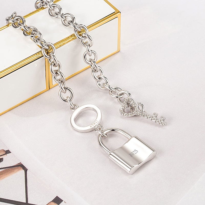 H&Beautimer 925 Sterling Silver Bracelet For Women's - Italian Handmade Rolo Chain 6.3, 6.7, 7.1, 7.5, 8 Inch - AAAAA CZ Zircon Heart/Lock Pendant Bracelet - Fine Jewelry (Lock Pendant, 7 inches) - Image 4