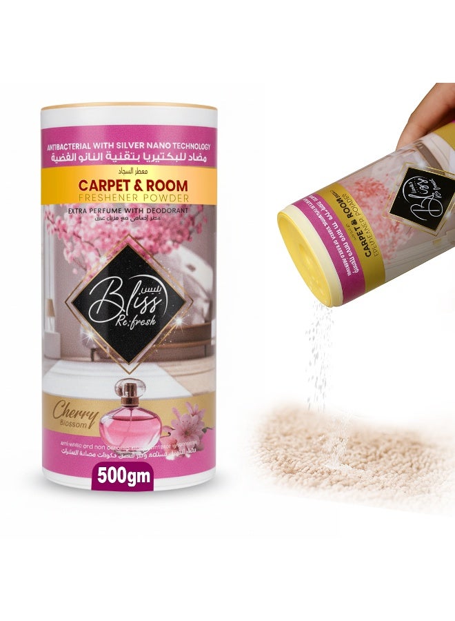 BLISS Carpet Powder & Room Freshener 500G, Antibacterial Silver Nano Odor Eliminator | Cherry Blossom Scent - Image 1