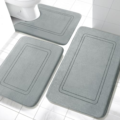 YIHOUSE Memory Foam Bath Mat Set Non Slip Bath Mats for Bathroom Super Soft and Water Absorbent Bath Rug Set Machine Washable U Shape Toilet Mats Light Grey - Image 1