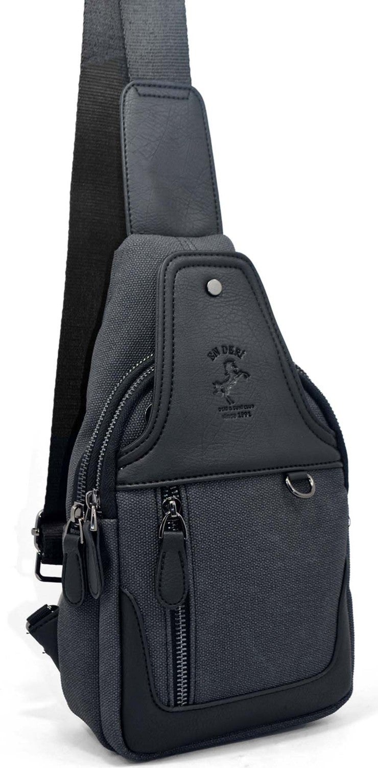 EN Deri EN Leather Men's Canvas Black Multi-Compartment Casual Crossbody Shoulder Bag  - Image 1