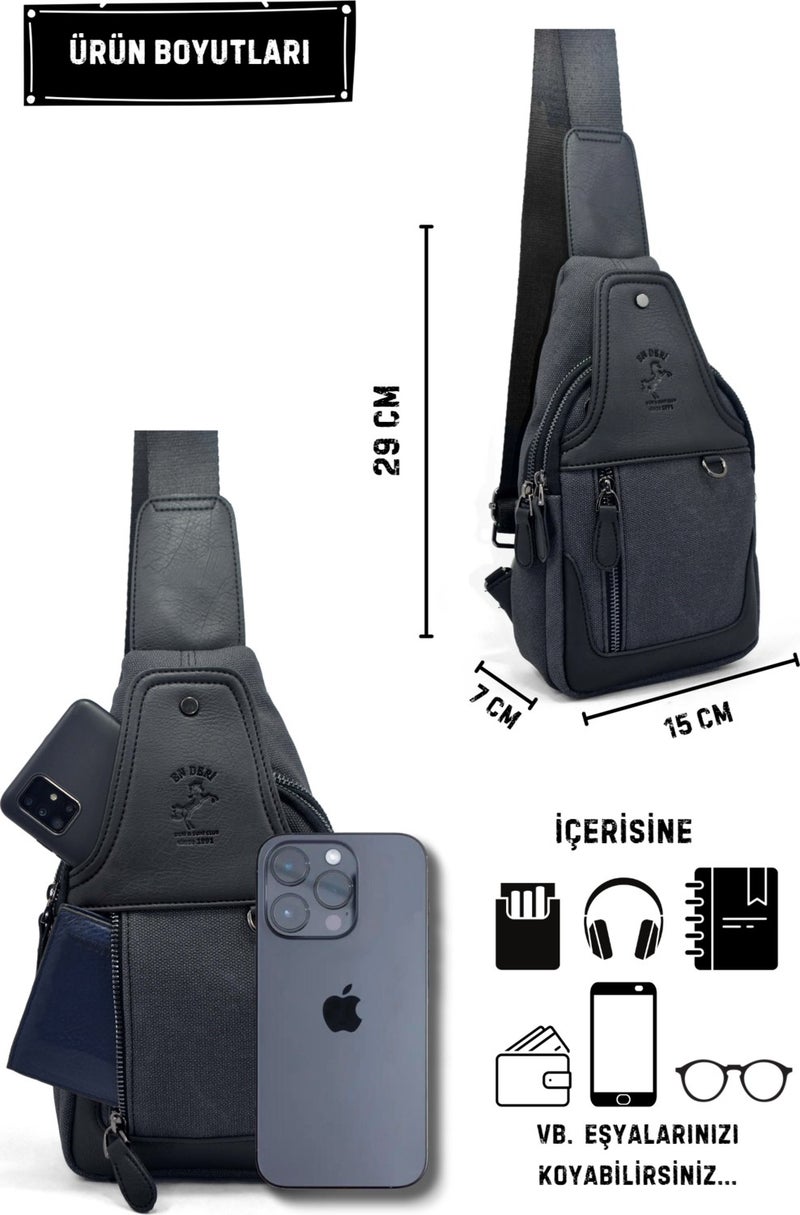 EN Deri EN Leather Men's Canvas Black Multi-Compartment Casual Crossbody Shoulder Bag  - Image 2