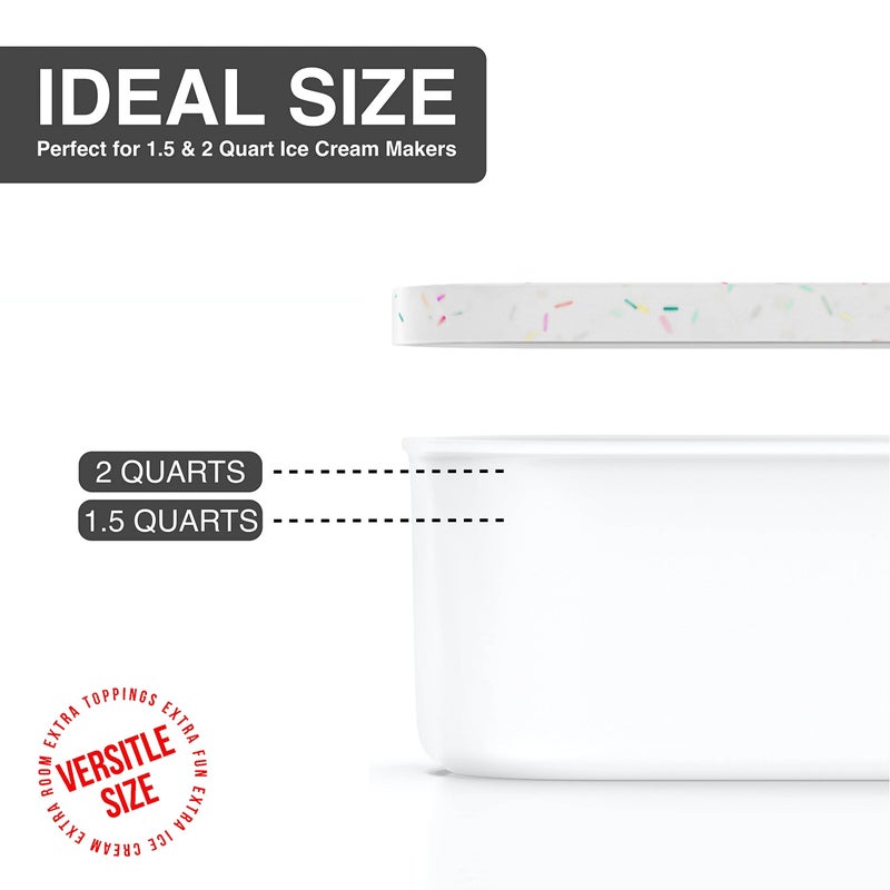 BALCI Ice Cream Containers - 2 Quart Ea. (Set of 2) - Premium Reusable Freezer Storage for Homemade Ice Cream Tub for Sorbet  Frozen Yogurt - Flexible Silicone Lids  Long Scoop - White With Sprinkles - Image 4